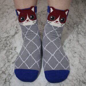 CAT LADY Socks Ankle Short Anklets Animal Print Plaid Blue Grey Geometric Print